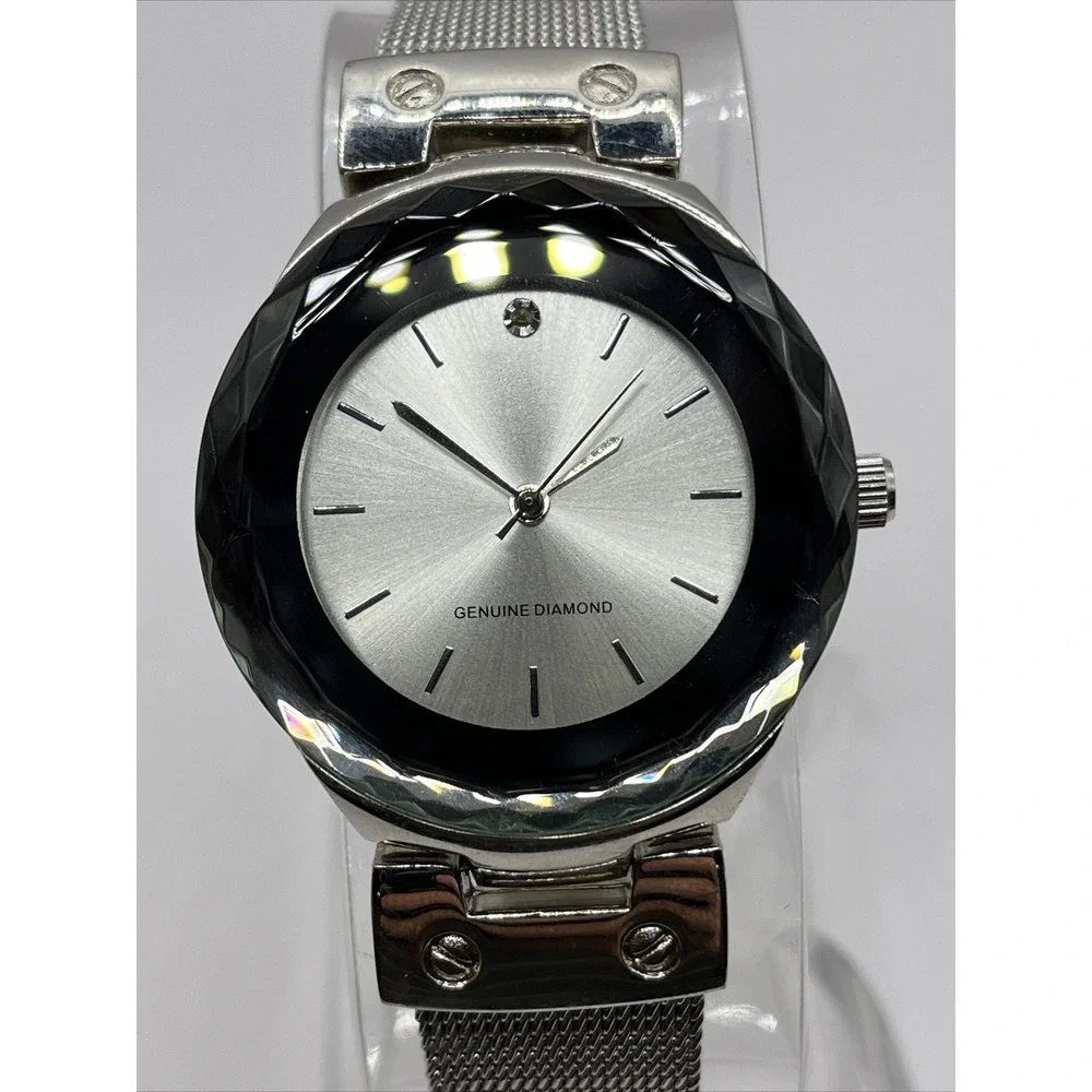 Women's Quartz Watch Silver Tone Mesh‎ Metal Band Diamond Accent- New Battery